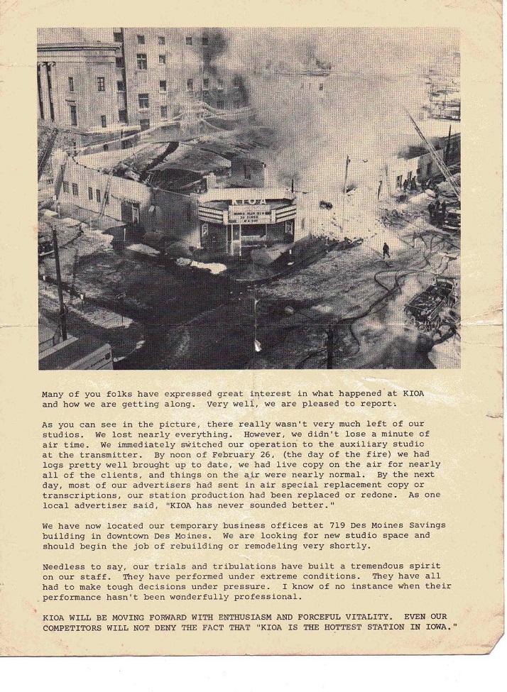 KIOA on fire February 26, 1963. Burns down studio