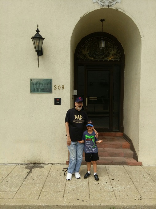 Adam and grandson Joel at entrance to the Hamp in June 2015